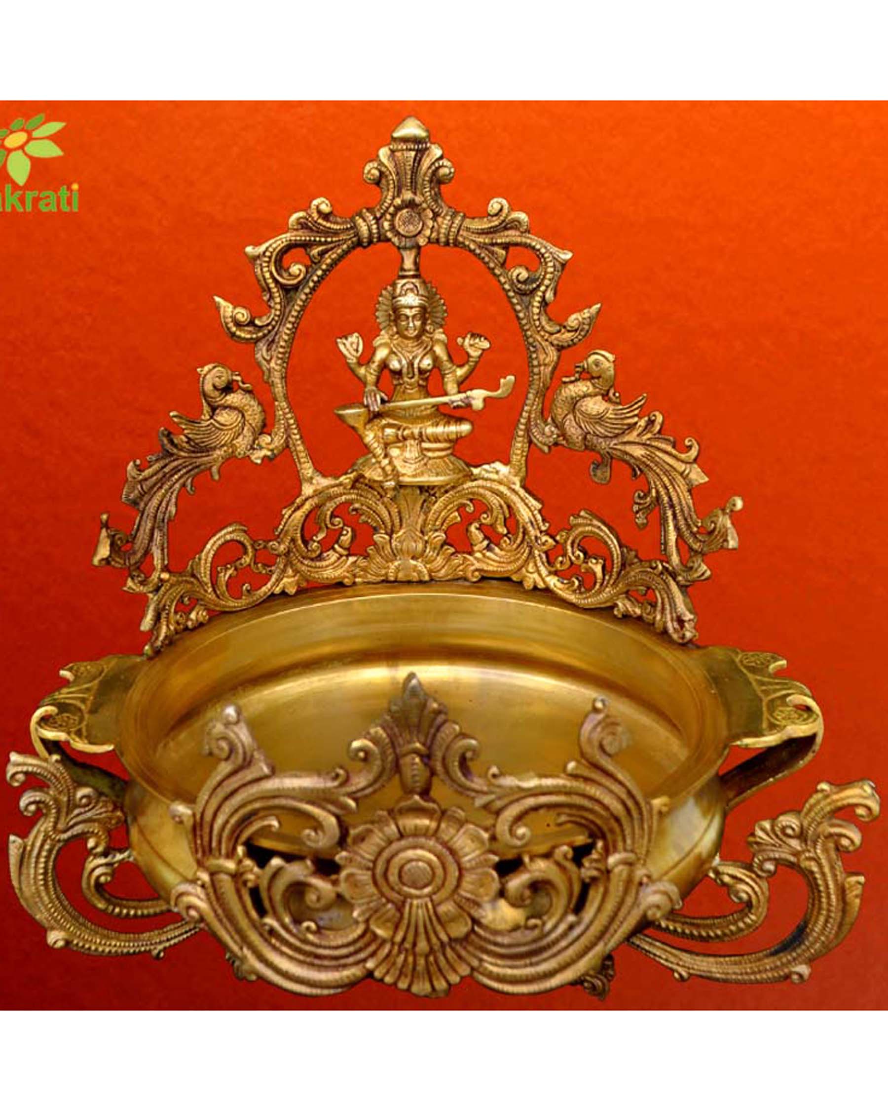 Urli With Religious Saraswati Figure Brass Urli 12 Inch Bowl