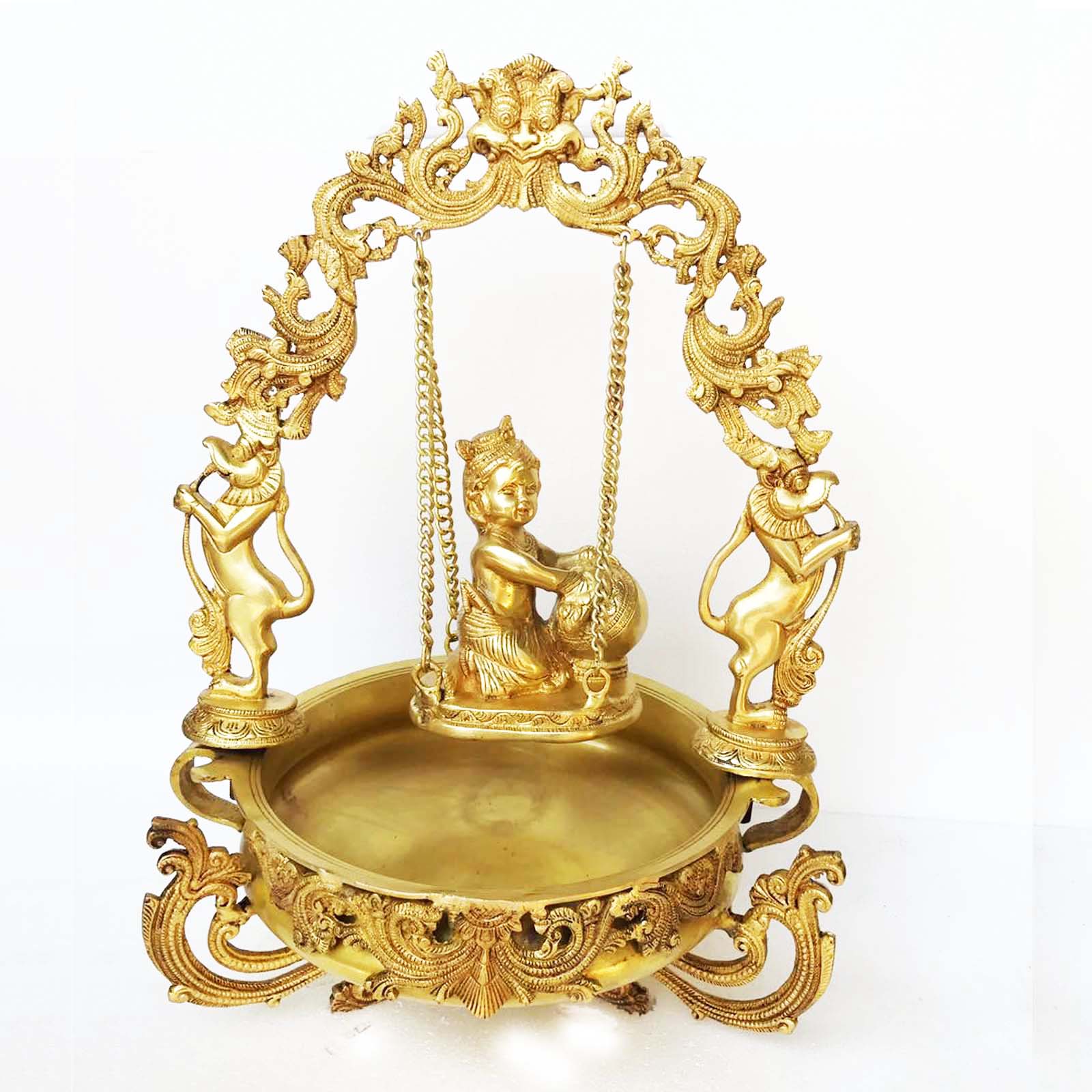Urli With Decoration Brass Made Baby Krishna On Swing Figure Home Office Table Decor Decorative Urli