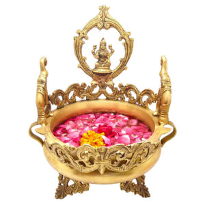 Flower Pot With Goddess Lakshmi Idol Gold Brass Hand Carved Urli