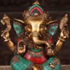 Brass Taj Ganesha with OM & Trident on Trunk 9″