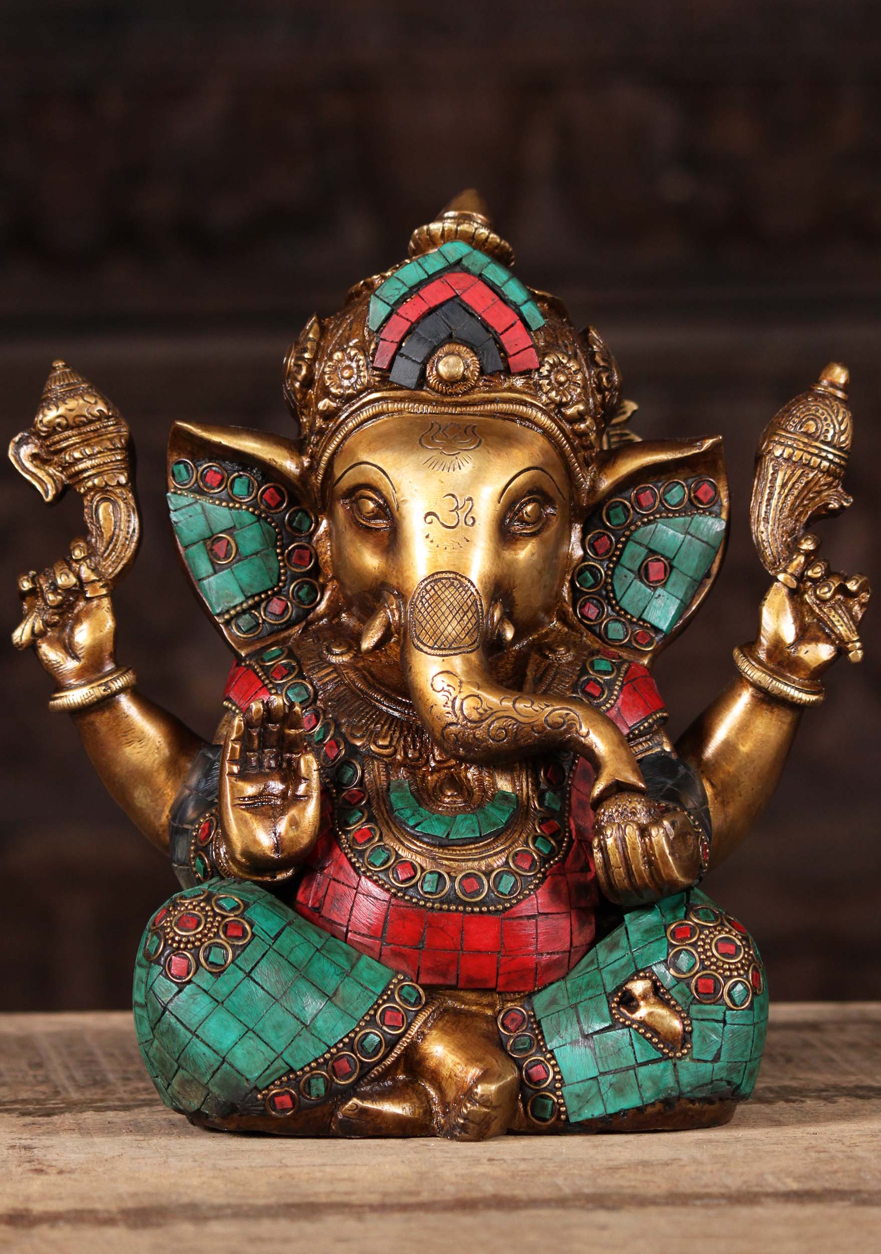 Brass Taj Ganesha with OM & Trident on Trunk 9"