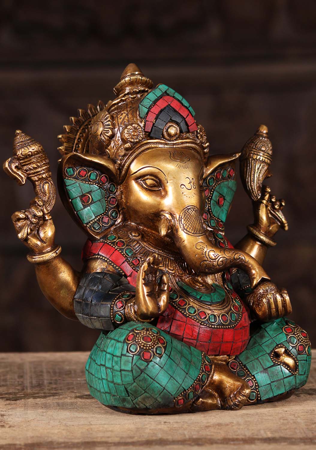 Brass Taj Ganesha with OM & Trident on Trunk 9"