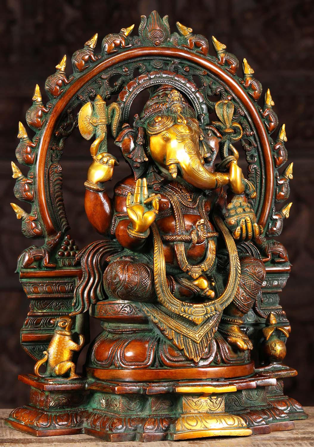 Brass Ganesh Statue with Rat Arch 19"
