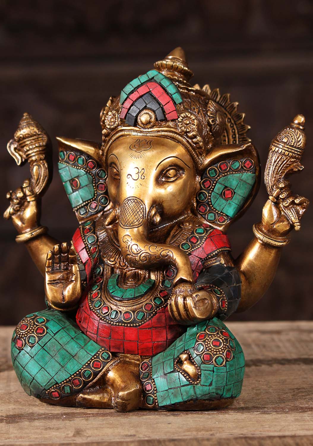 Brass Taj Ganesha with OM & Trident on Trunk 9"