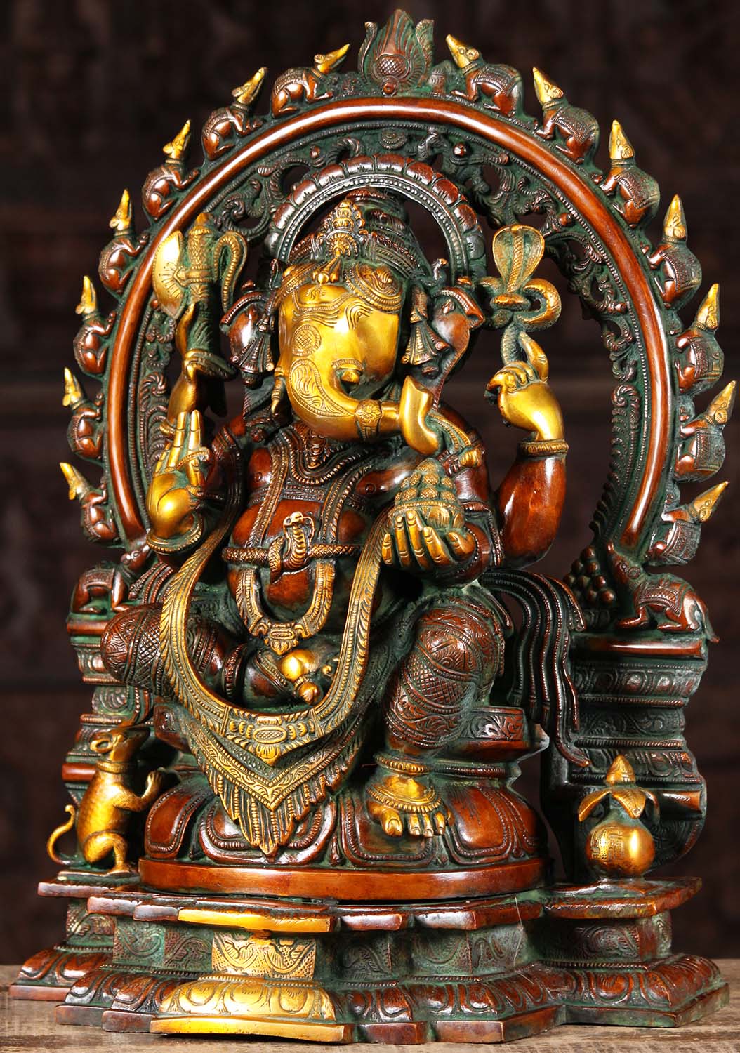 Brass Ganesh Statue with Rat Arch 19"