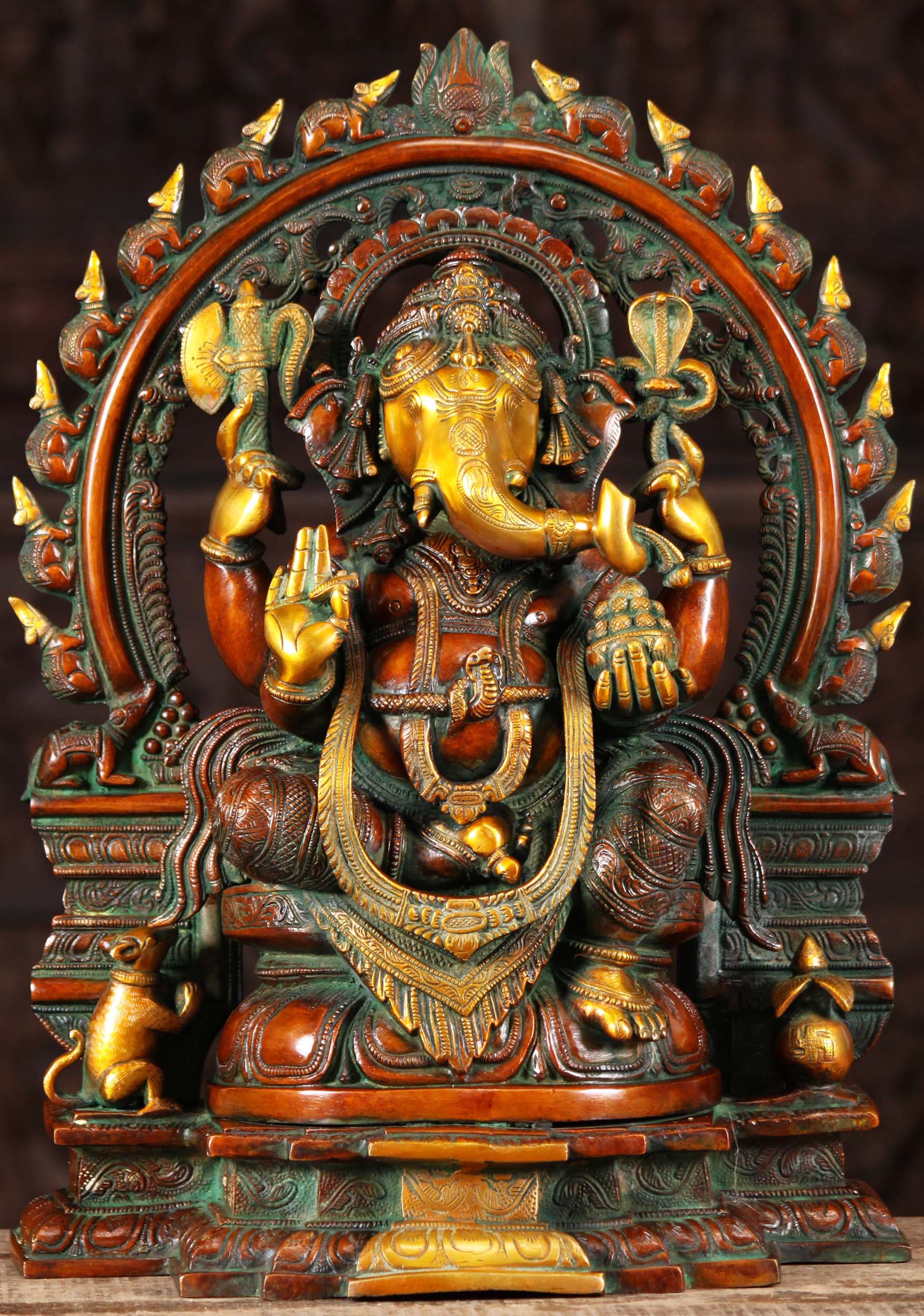 Brass Ganesh Statue with Rat Arch 19"