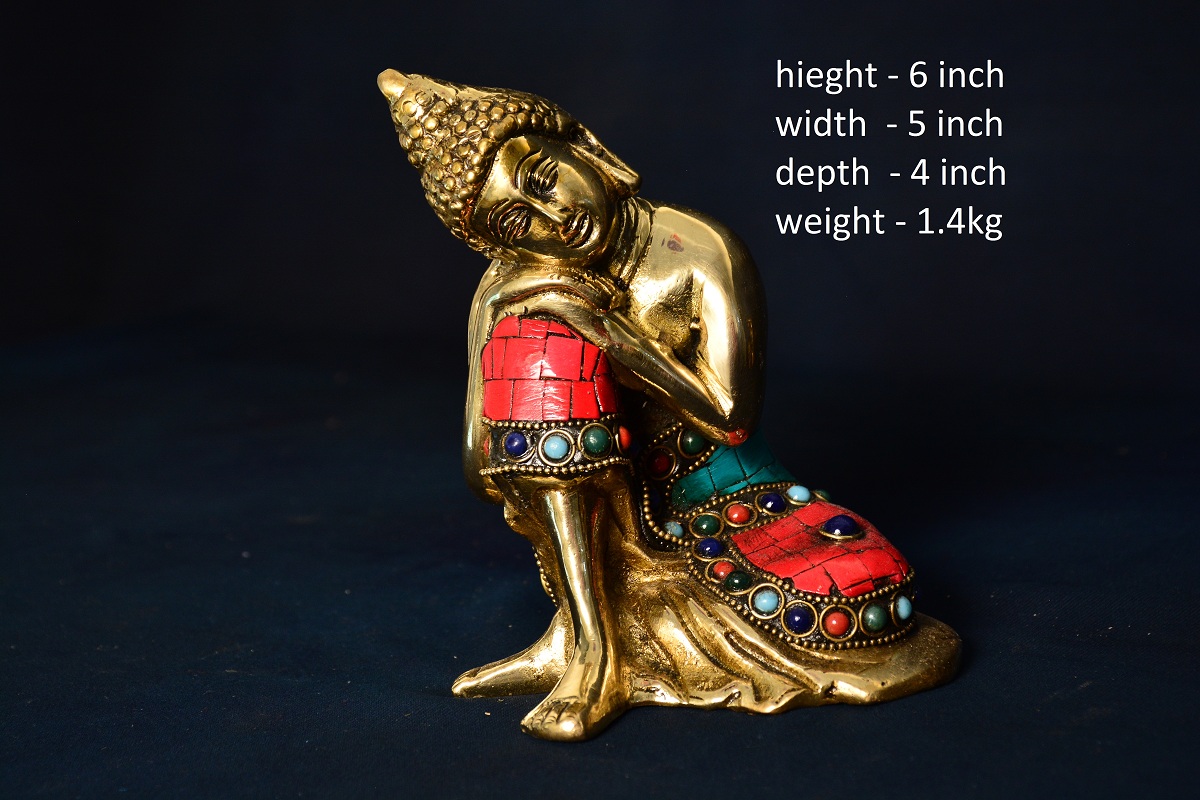 Brass Buddha Resting With Stone Work 6 Inch
