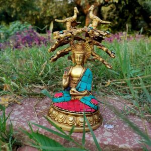 Brass Buddha Statue With Dhyan Mudra Under Bodhi Tree turquoise work
