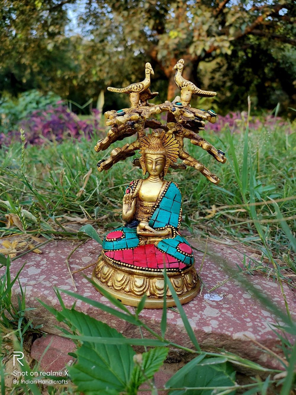 Brass Buddha Statue With Dhyan Mudra Under Bodhi Tree turquoise work
