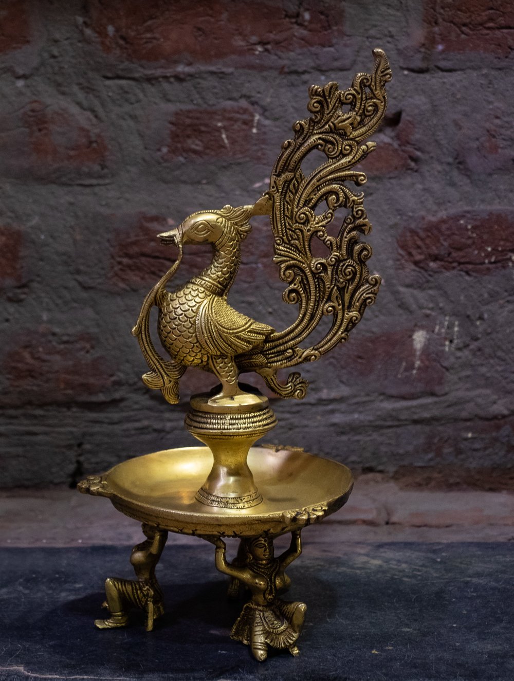 Brass Oil Lamp Standing Peacock With Lady