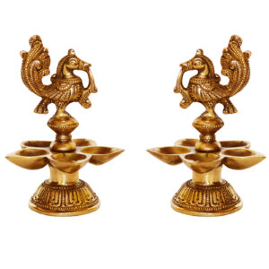 Brass Peacock Oil Lamp Pair Of Five Wicks