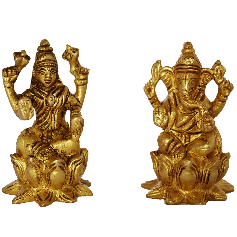 Brass Made Laxmi Ganesha Pair Sitting On Lotus