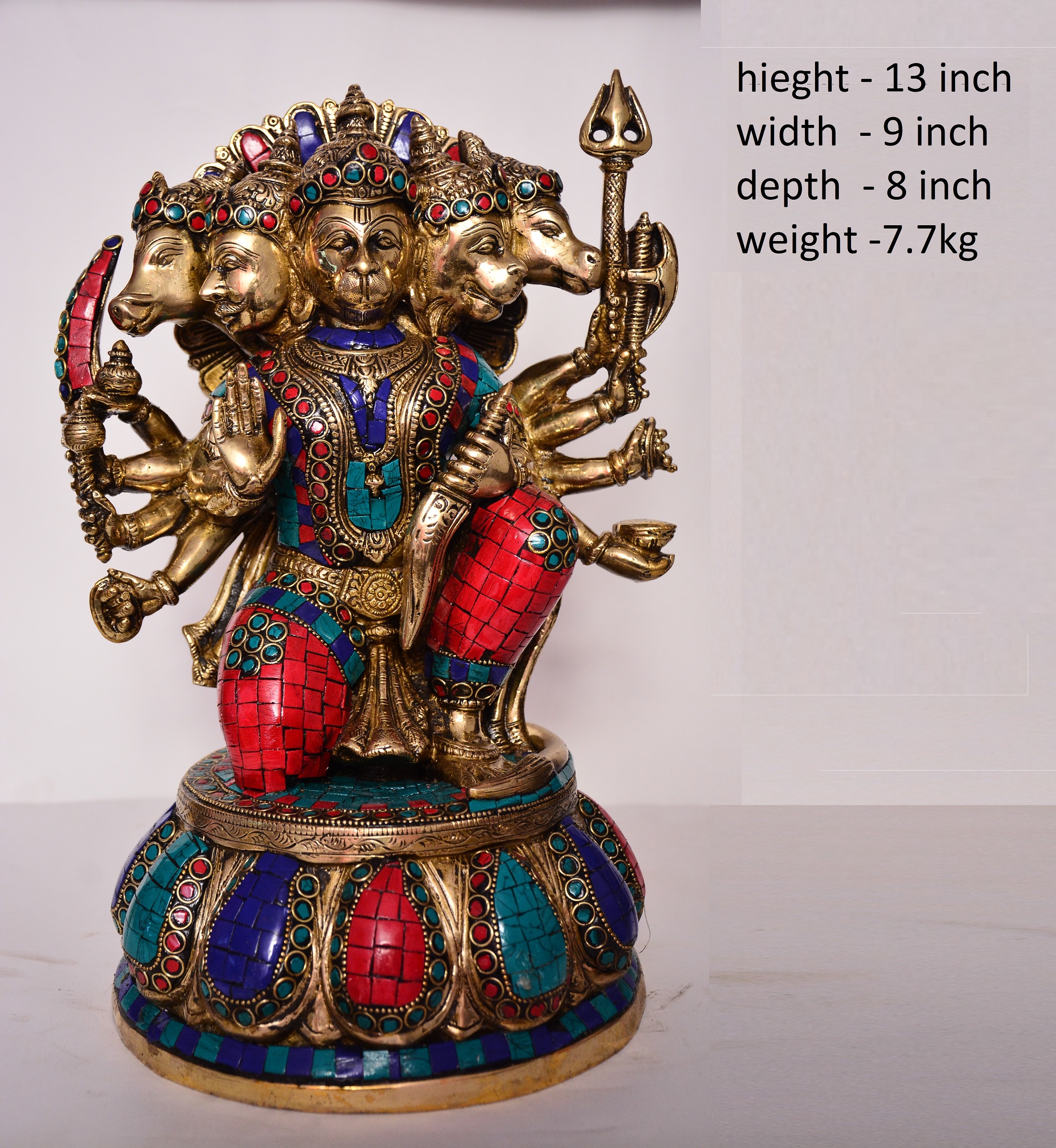 Brass Hanuman | Bajrang Bali | Panchmukhi Stone Work 13 Inch
