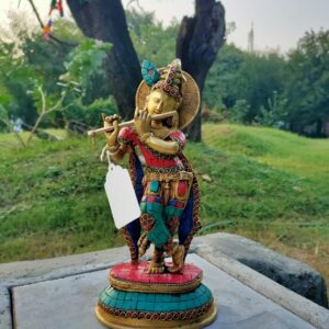 Brass Krishna Standing  With Stone Work 12 inch