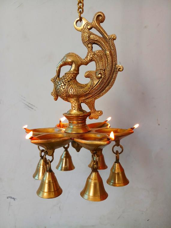 Oil Lamp Hanging Peacock With 6 Diya