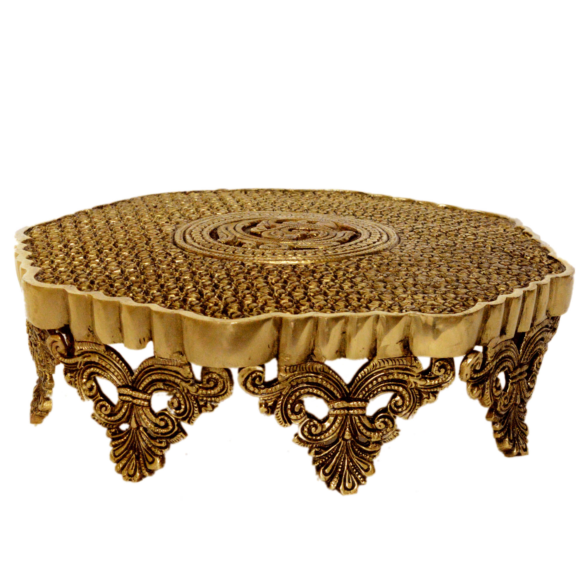 Brass Metal Hand Carved Low Floor Pooja Chowki/Stool/Stand